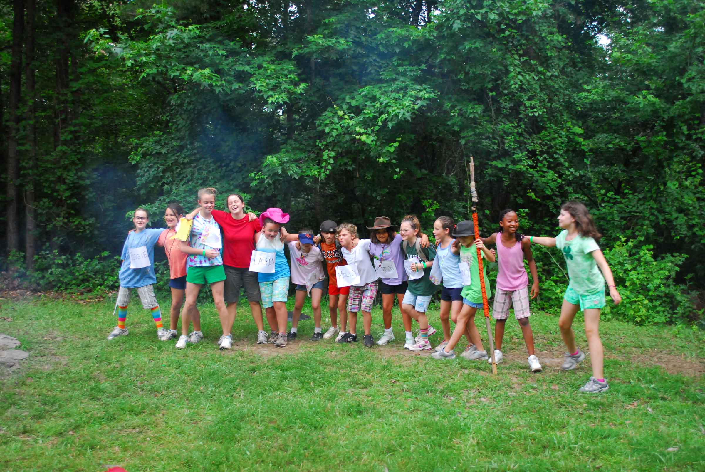 Group of girl campers at campfire fun Camp Toccoa northeast Georgia summer overnight and day camp